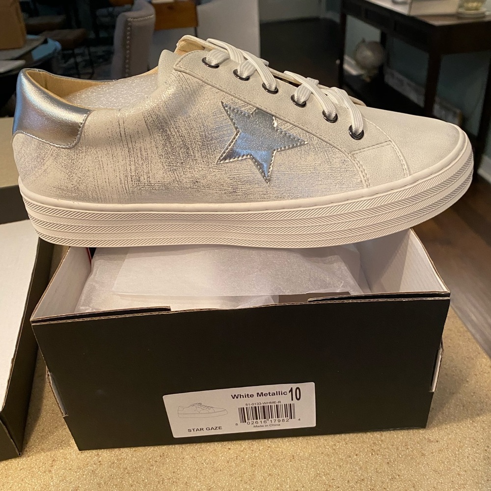 White sneakers with silver star. Brand new, never worn.